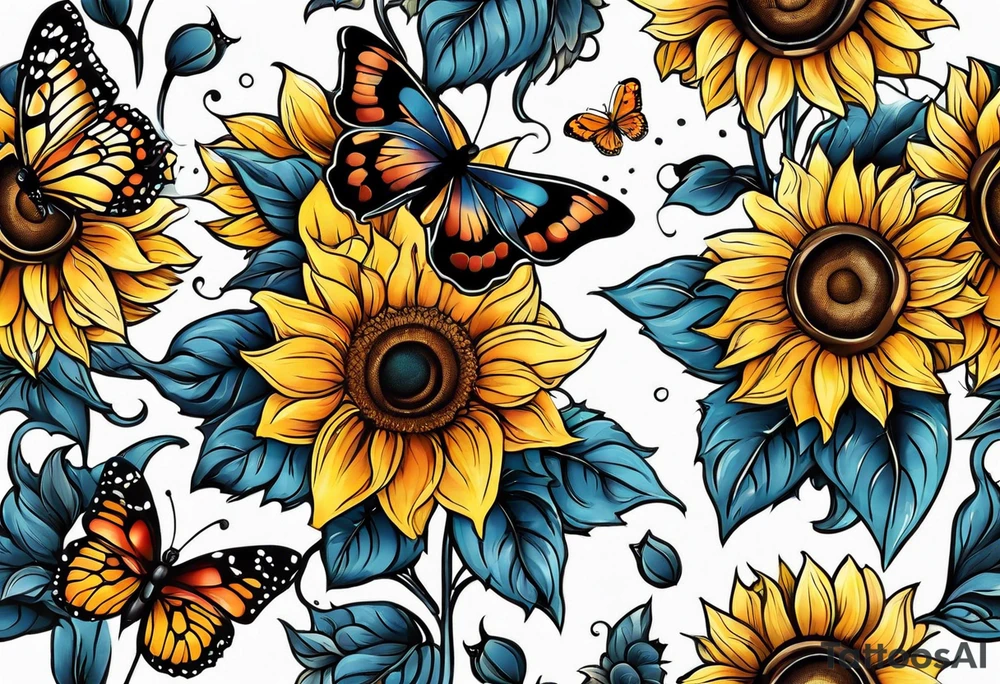 Arm sleeve with sunflowers and butterflies tattoo idea