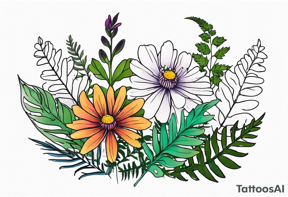 saturated mixed wildflower with ferns and with color tattoo idea