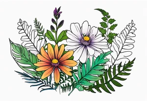 saturated mixed wildflower with ferns and with color tattoo idea