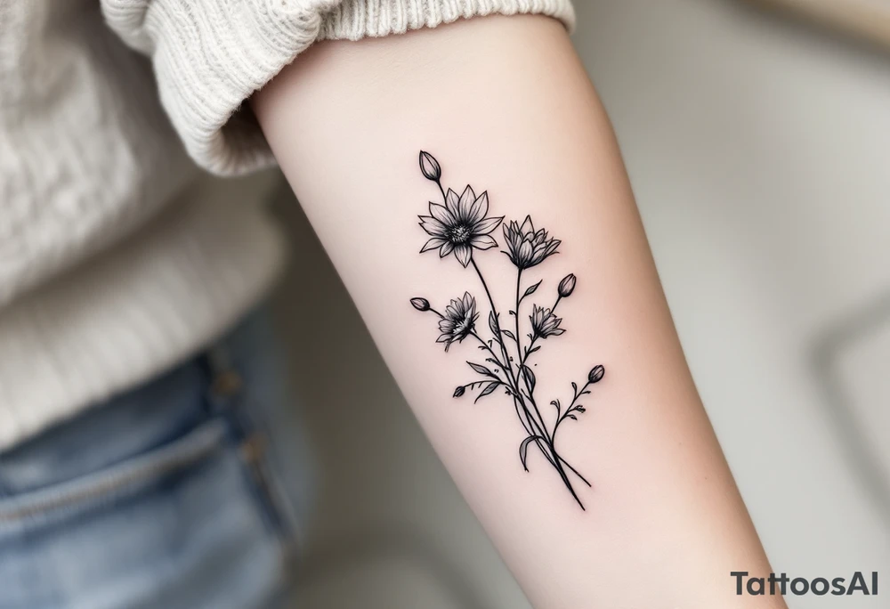 Dainty Stargazer lillies with small sunflowers and tulip buds in a dainty wildflower bouquet with stems tattoo idea