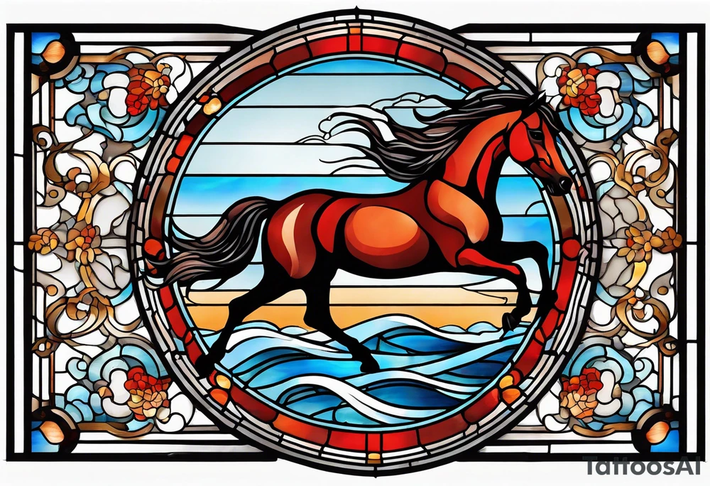 stained glass window with a red and brown horse's head rising from the blue ocean waves tattoo idea
