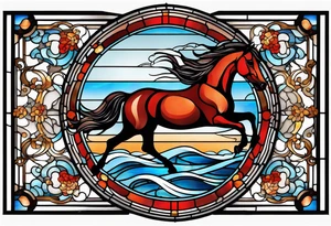 stained glass window with a red and brown horse's head rising from the blue ocean waves tattoo idea