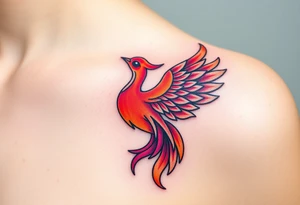 Phoenix rising from the ashes with the colors red, pink, orange and purple. Size 3 cm wide and 5 cm high tattoo idea
