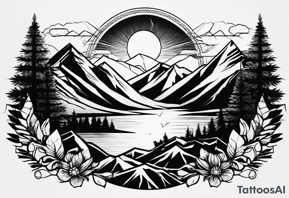 Mountain range with sunshine tattoo idea