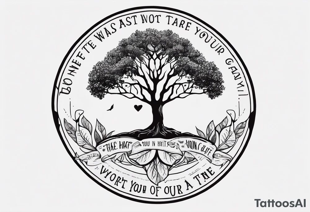 Circle of text on the hand of: don't waste tour time looking back youre not going that way. With a tree of life tattoo idea