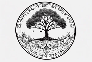 Circle of text on the hand of: don't waste tour time looking back youre not going that way. With a tree of life tattoo idea