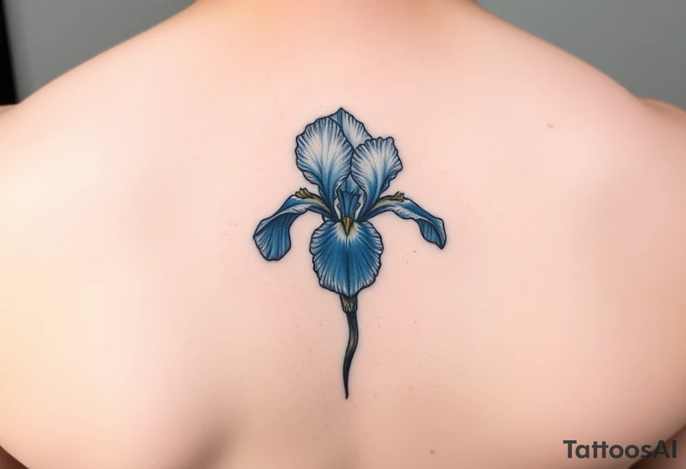 Single blue iris flower in the style of Van Gogh. One petal falling and one upright. tattoo idea
