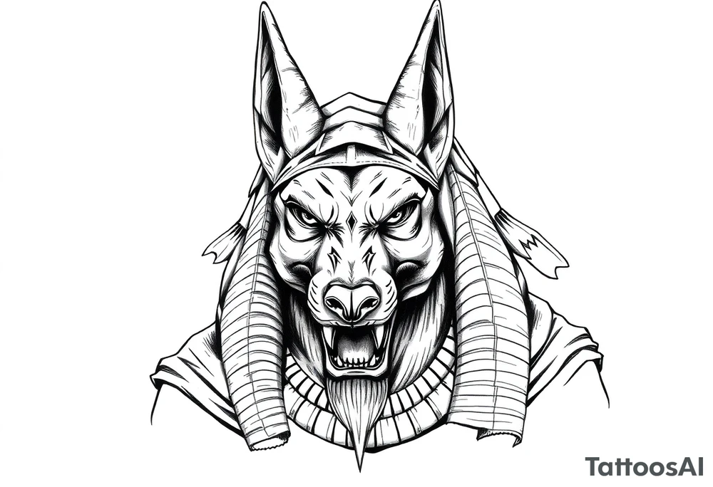 Egyptian Anubis god powerful face muscle in Egypt style with mantle on head dog face long ears tattoo idea