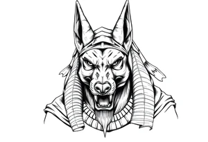Egyptian Anubis god powerful face muscle in Egypt style with mantle on head dog face long ears tattoo idea
