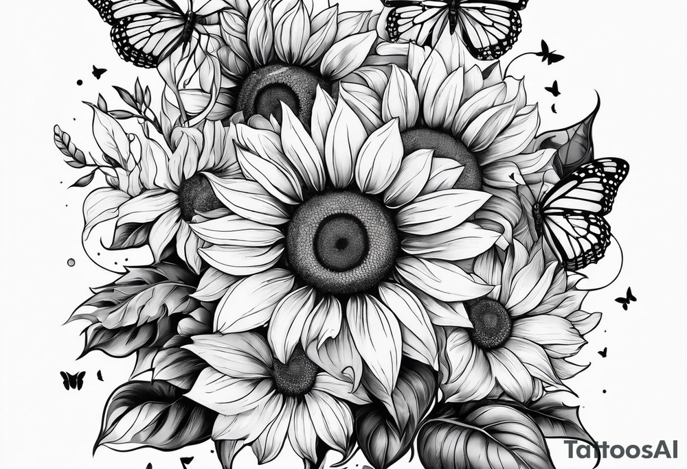 Arm sleeve with sunflowers and butterflies tattoo idea
