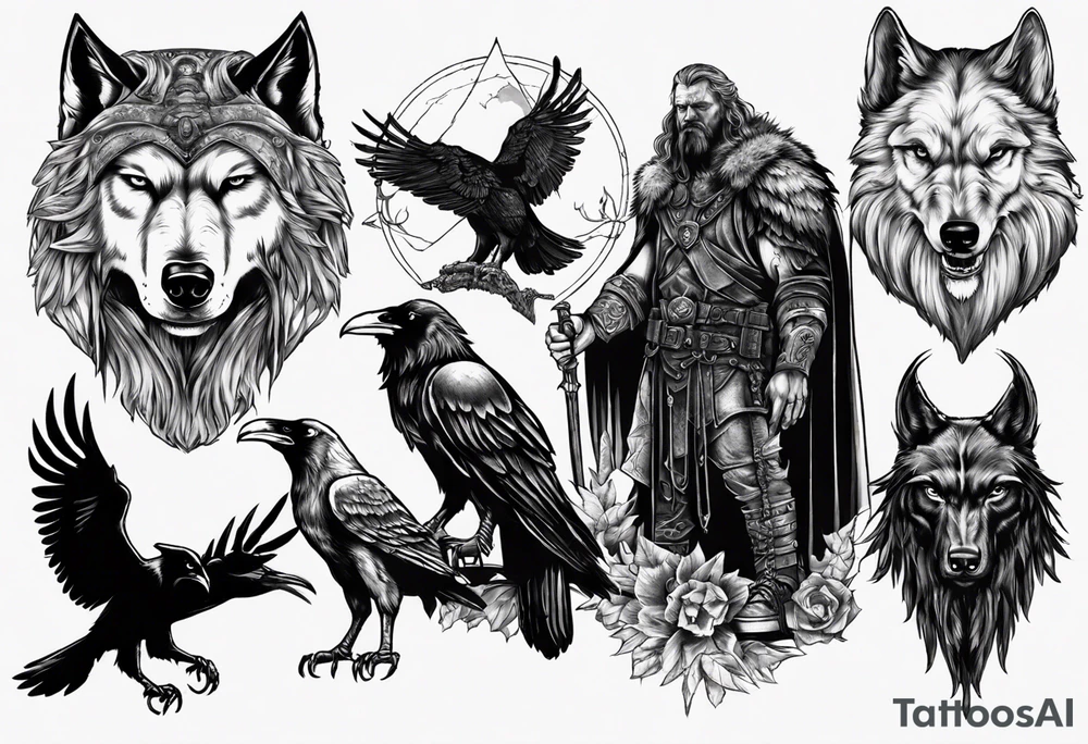 collage of Odin, his wolves, and his ravens tattoo idea