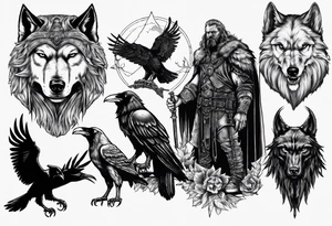 collage of Odin, his wolves, and his ravens tattoo idea
