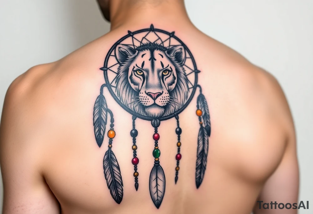 Starting with a circular frame of the dreamcatcher could start at the top of your shoulder, with the lioness’s face as the focal point right on the curve of your shoulder. The feathers and rosary beads could cascade down your arm, following its natural lines. The vibrant LGBTQ colors in the beads would add a striking contrast to the earthy tones of the dreamcatcher and the detailed shading of the lioness. tattoo idea