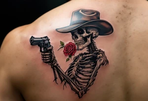 a full body skeleton cowboy gunslinger with a rose in his mouth. tattoo idea