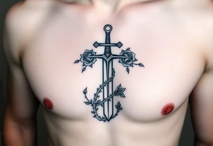 A gothic cross with a sword tip on the bottom going through an infinity sign and has roses and vines growing around tattoo idea