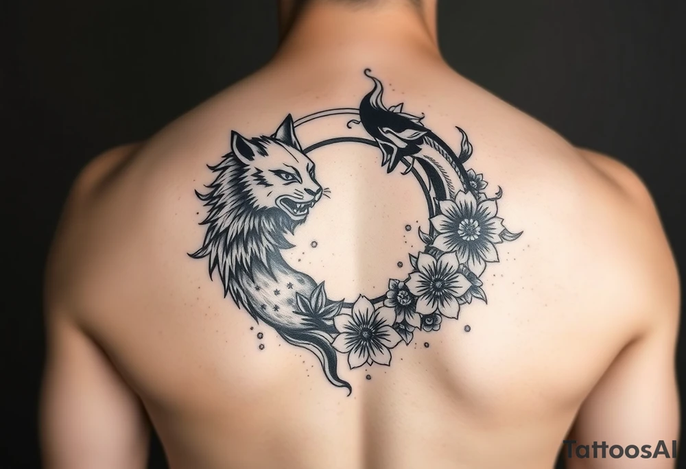 sleeve tattoo, black and white, lion and nine-tailed fox irezumi style circling each other with asian floral designs surrounding them tattoo idea