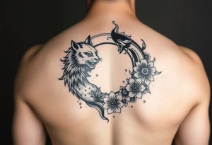 sleeve tattoo, black and white, lion and nine-tailed fox irezumi style circling each other with asian floral designs surrounding them tattoo idea