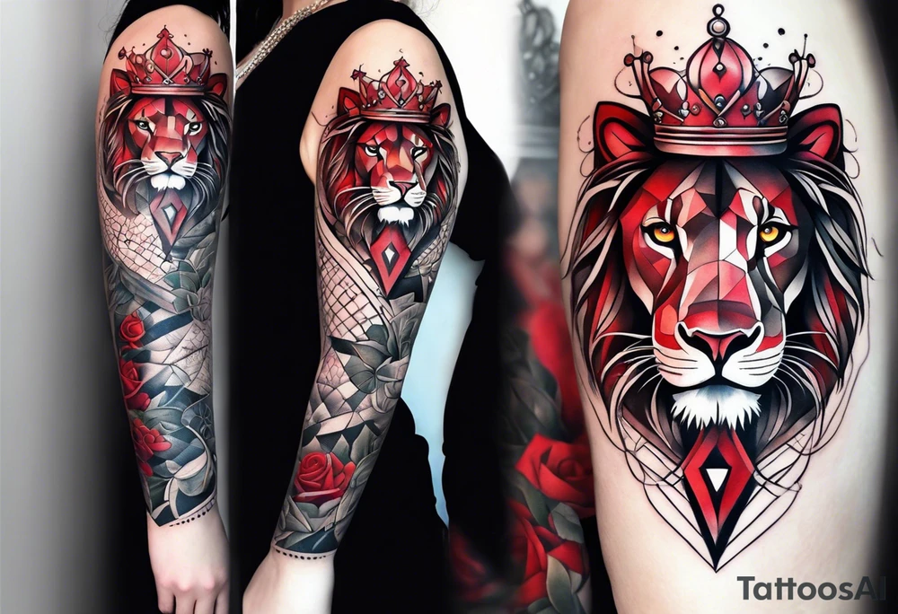 Full sleeve on a arm add a Half lion, half girl, add a crown, emphasize the eyes and use the color red, add a snake tattoo idea