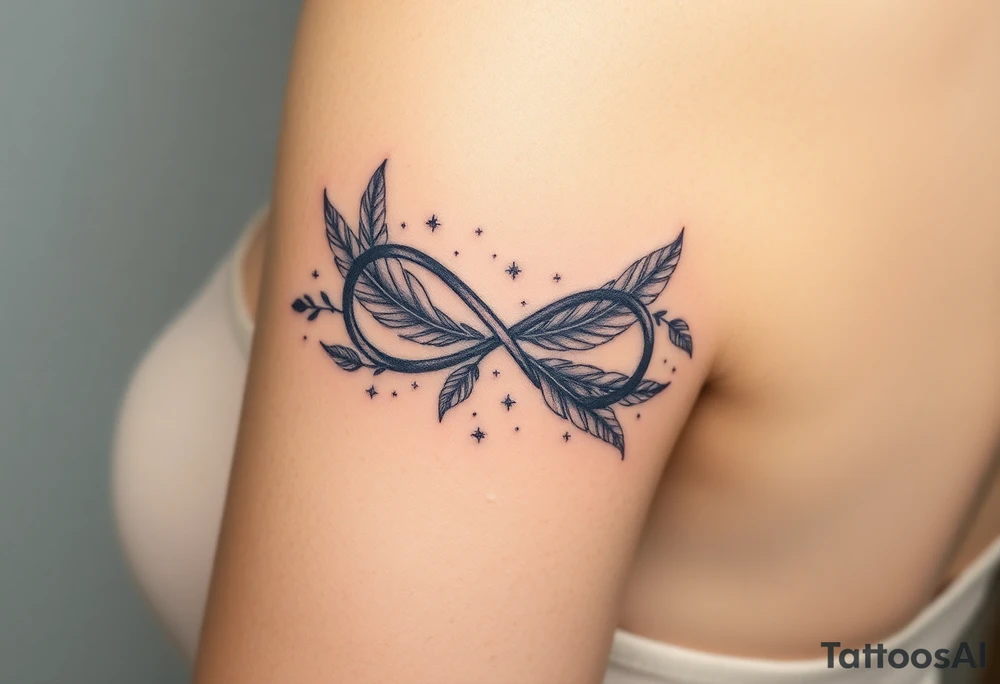 infinity symbol woven with floating feathers and stardust tattoo idea