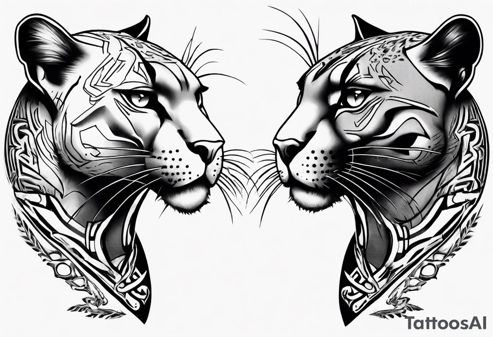 Two black pumas walking past each other and looking at each other, seen from above tattoo idea
