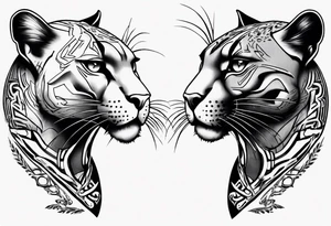 Two black pumas walking past each other and looking at each other, seen from above tattoo idea