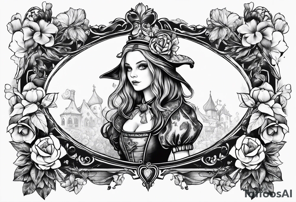 Alice through the looking glass with flowers everywhere tattoo idea