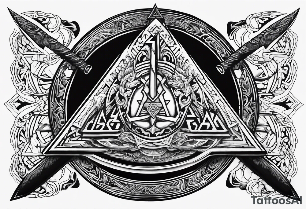 Valhalla sword shield axe Valknut fire tattoo idea