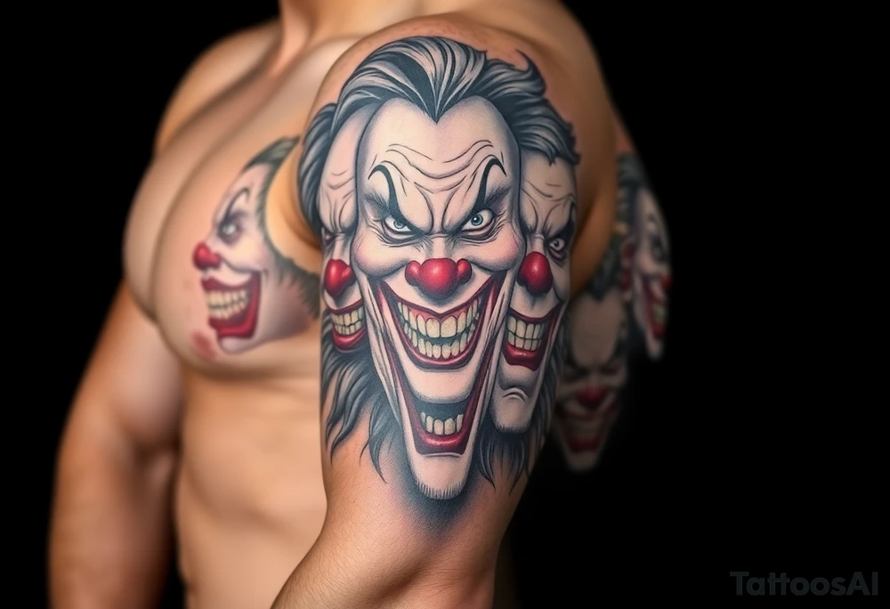 creative collage of each different emotion in different tyoe of clown faces tattoo idea