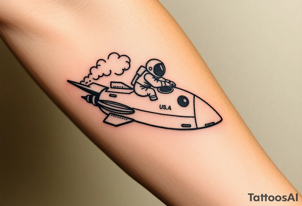 Busted Rocket ship with smoke coming out the back with astronaut riding it tattoo idea