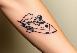 Busted Rocket ship with smoke coming out the back with astronaut riding it tattoo idea