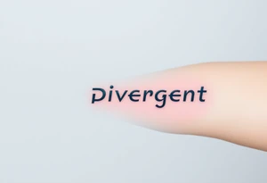 The word "Divergent" written in futuristic metallic font, with a glitch effect to symbolize breaking systems tattoo idea