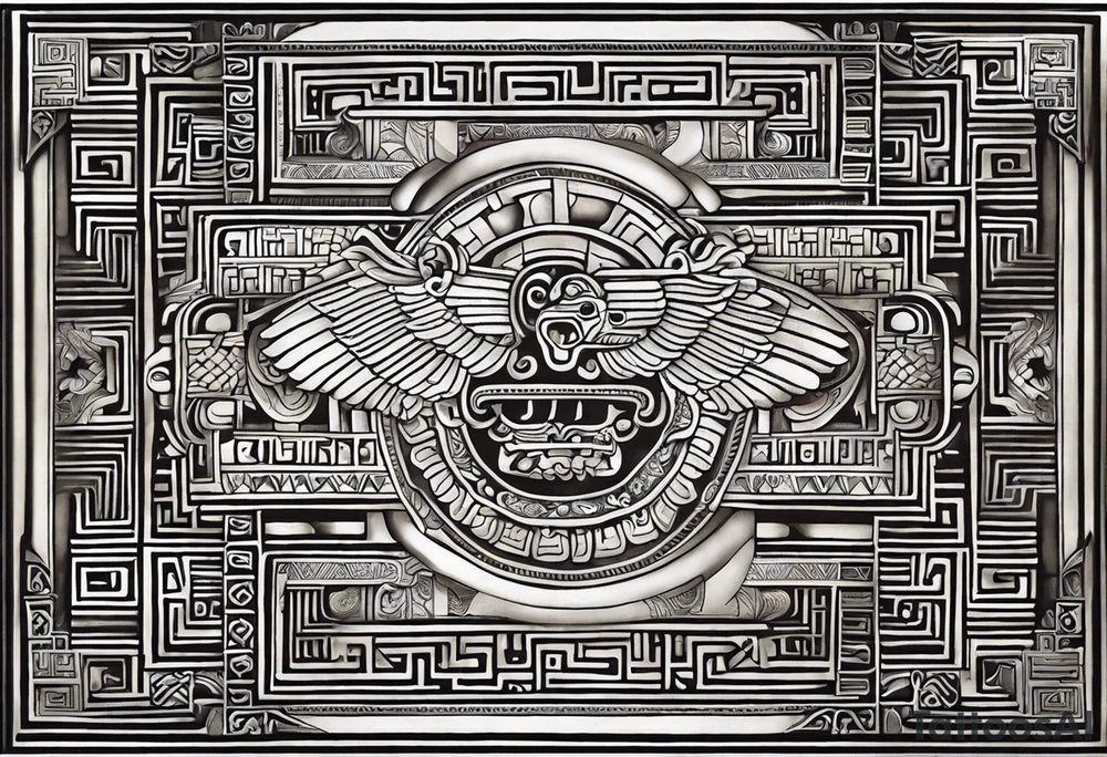 Create a right chest tattoo of Quetzalcoatl based on the original depiction discovered in the Pyramid of the Sun at Teotihuacan. Use the ancient feathered serpent form, with Quetzalcoatl's body coiling in a strong, fluid motion across the chest. Maintain the authenticity of the Teotihuacan style, with bold, angular geometric patterns and intricate detailing in the scales and feathers. The face should feature a traditional Mesoamerican headdress and mask, with the god's fierce, regal expression preserved. Make the eyes intense and striking, with sharp fangs protruding. Use black and gray shading to give the design depth, keeping the ancient stone carving aesthetic, but add subtle modern touches to enhance the masculine and powerful feel. Incorporate authentic Aztec motifs around the serpent, like the sun and stepped pyramids, as part of the chest piece to anchor the design in its historical context tattoo idea