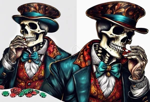 skeleton smoking cigar with poker chips tattoo idea
