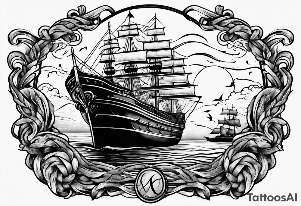 rope boarder around a ship tattoo idea