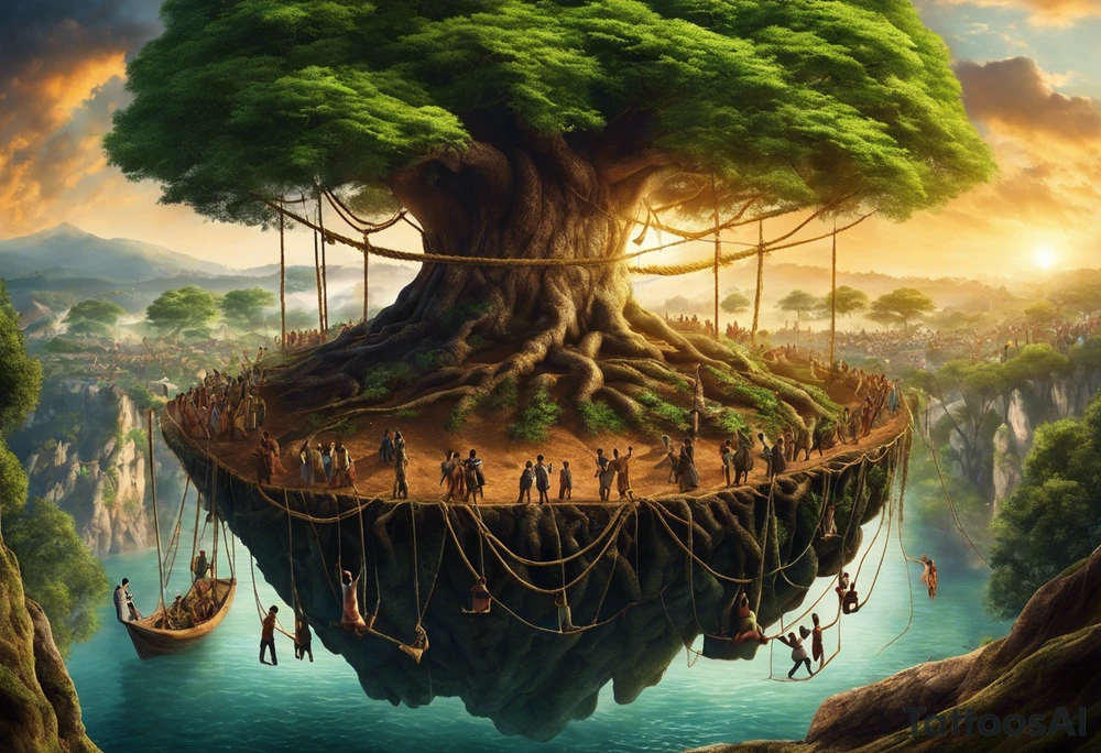 utopia picture of a tree at one level where above the surface is a group of people living in prosperity surrounding a tree. Below the surface the roots of the tree go down and turn into ropes and people are climbing these ropes to try and reach the above the surface. below the people climbing the ropes is hell, wih depicting of war slavery and death. going back to the top, above the tree is a perfection or heaven / nirvana. . include alchemical and occult symbols to depict this journey to enlightenment like religious or astrolligcal symblol. make it a full body tattoo stencil where the top of the tree would be at the chest and the ropes at the legs. tattoo idea
