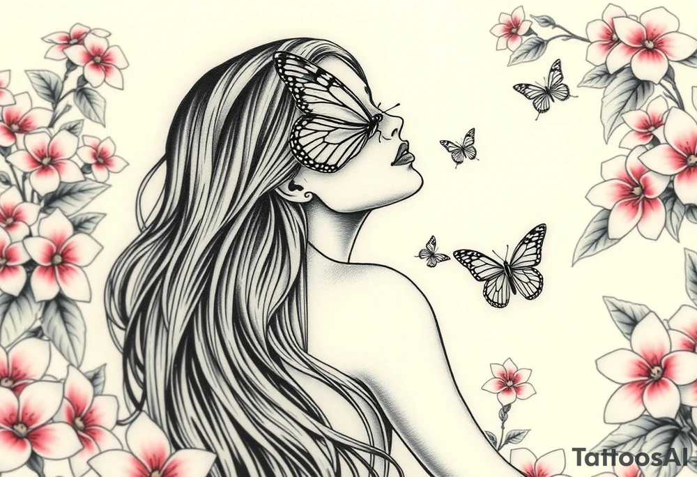 Women with long long hairs beautiful  deep fatures kneeling looking up with her her lips sealed shut as saying for speak no evil and the top where her eyes are a theres a big butterfly that's lower part of its body is covering her eyes like a blond fold for see no evil with her hand covering her hears for hear no evil amd surrounding her mediem to small and smaller butterfly's while she is kneeling in a garden with Beautiful pink plumeria surrounding her tattoo idea