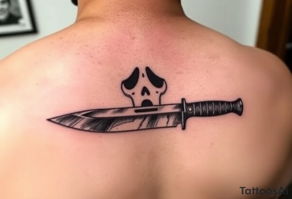 M9 Bayonet knife, with ghostface from scream face in reflection of the blade, and also reminescent of FaZe Clan color scheme and Counter Strike vibe tattoo idea