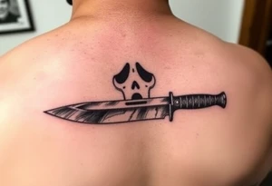 M9 Bayonet knife, with ghostface from scream face in reflection of the blade, and also reminescent of FaZe Clan color scheme and Counter Strike vibe tattoo idea