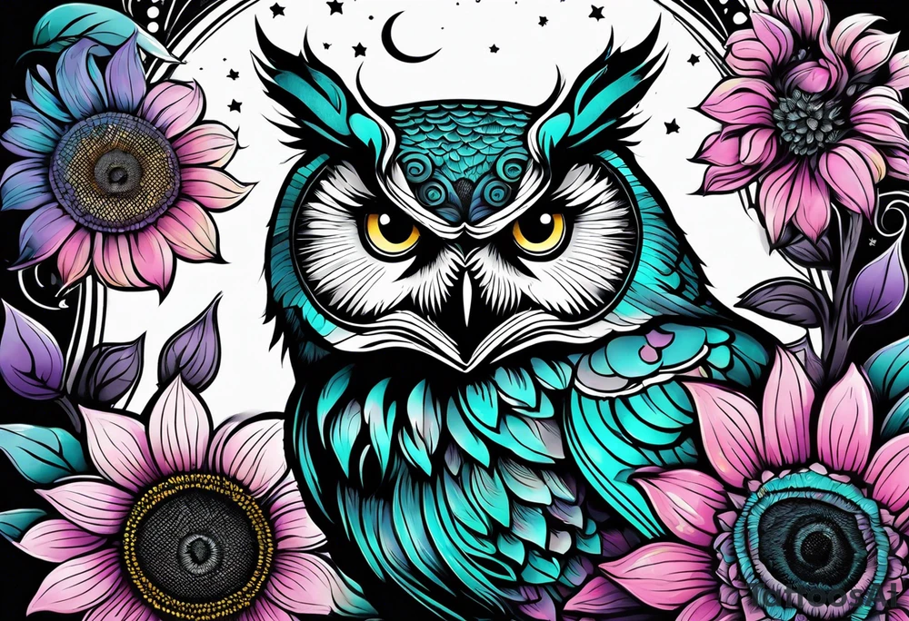 Black and white owl shaded teal, pink and purple surrounded by yellow sunflowers sleeve tattoo idea