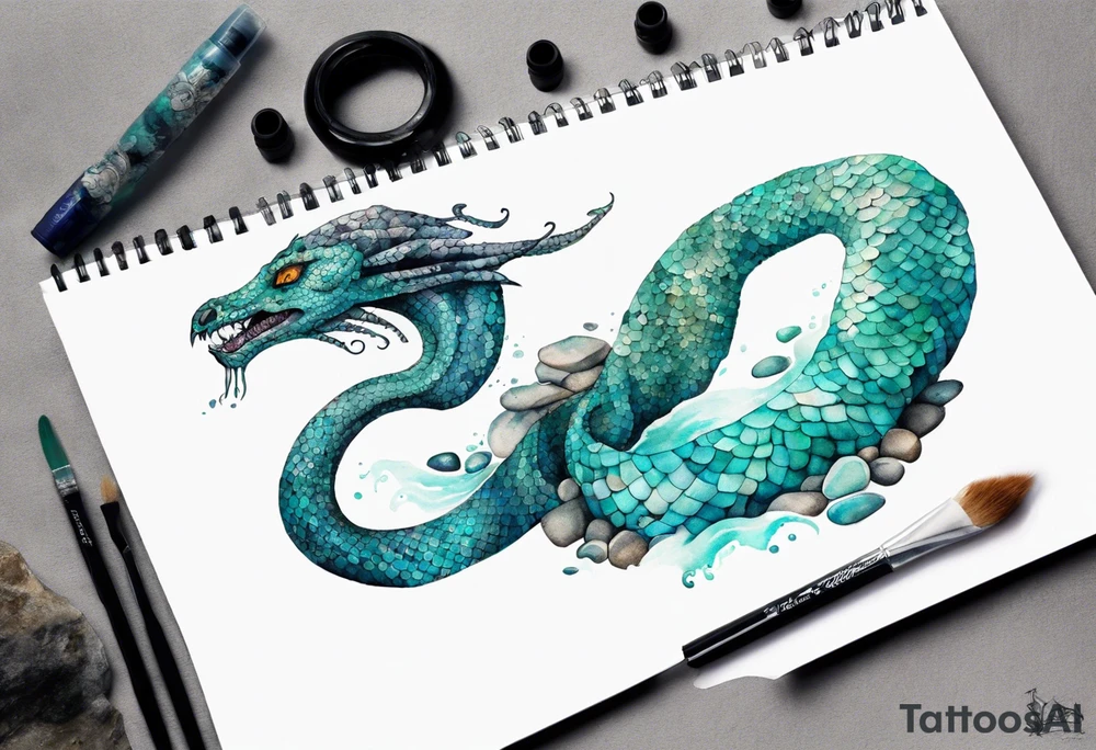 A sea serpent with the head of a woman covered in turquois scales sitting on rocks by the ocean tattoo idea