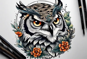 Owl tiger underneath a full moon in a forest tattoo idea