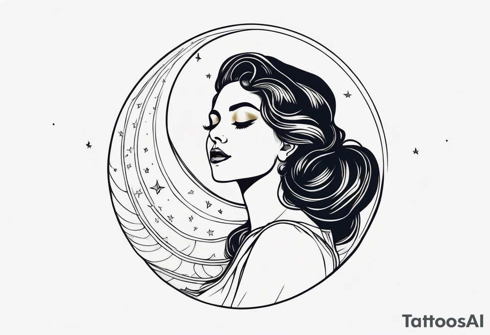 woman in dress on a crescent moon tattoo idea