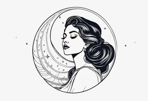 woman in dress on a crescent moon tattoo idea