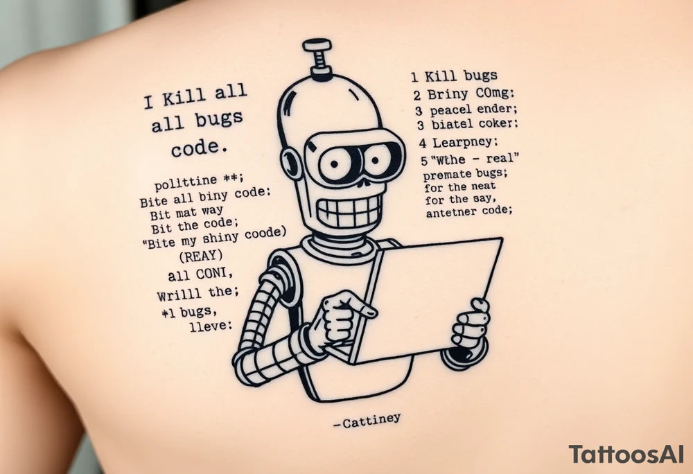 Tattoo design of a humorous robot inspired by Bender from Futurama, holding a laptop or typing on a keyboard, surrounded by lines of code in a programming language like C#. Include funny text like 'Kill all bugs' or 'Bite my shiny code'. Make it detailed but in a cartoon/comic style. tattoo idea