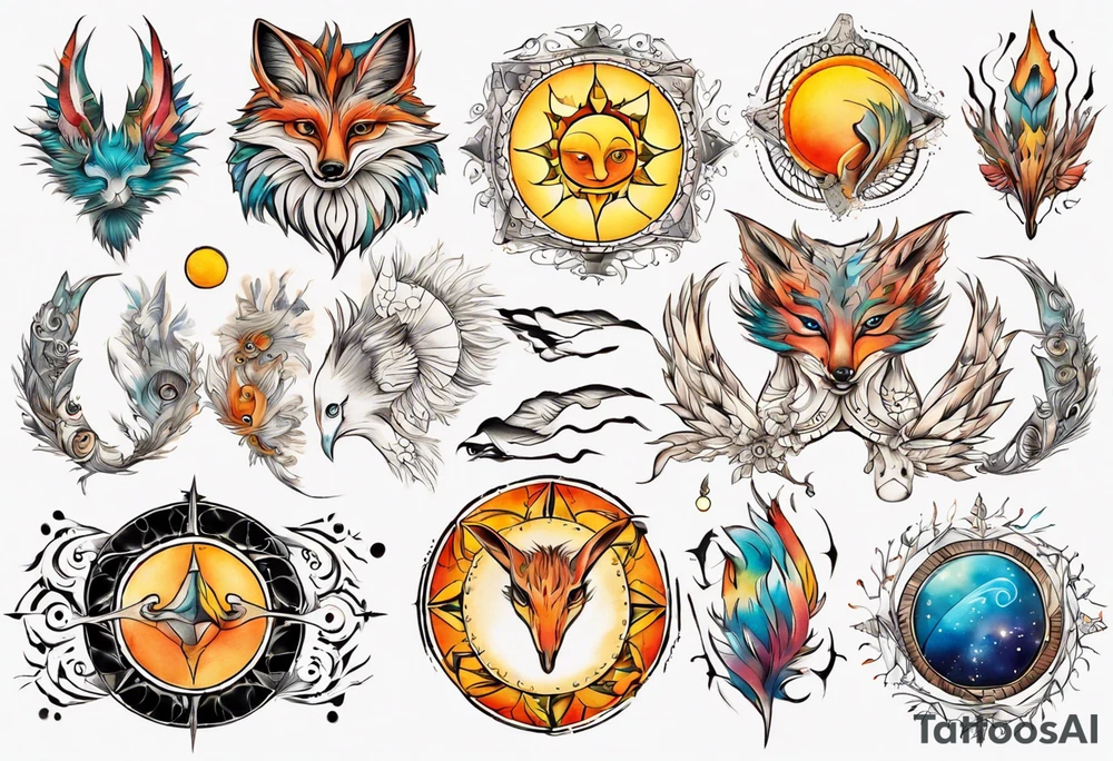 fisch, fuchs und eule , symetrie  sonne, universum, bunt, " sapere aude" tattoo idea