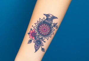 raven mandala and flowers tattoo idea