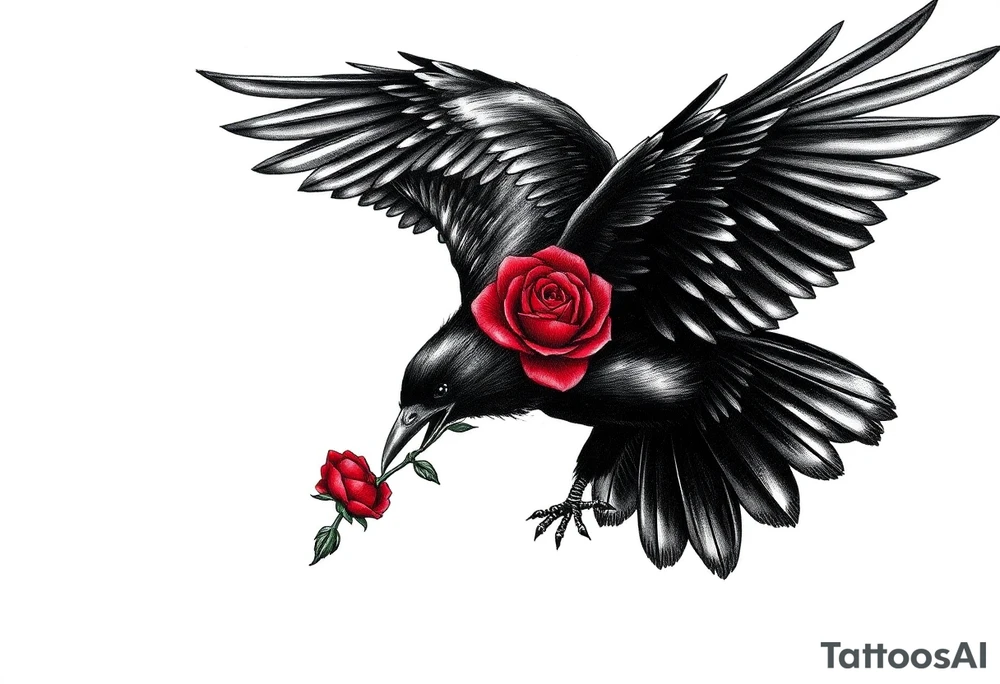 A black crow soaring symmetrically gracefully with its wings fully extended, each feather intricately detailed to capture a sense of movement and depth. In its talons, it gently carries a vibrant red rose, its petals vivid and delicate. The composition blends realism with deep symbolism, representing strength, transformation, and the enduring connection between life, resilience, and the unseen forces that guide and protect. The concept is on a crisp white background. tattoo idea