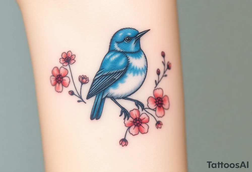 Puffy bluebird surrounded by wild flowers tattoo idea