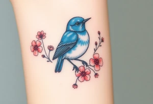 Puffy bluebird surrounded by wild flowers tattoo idea