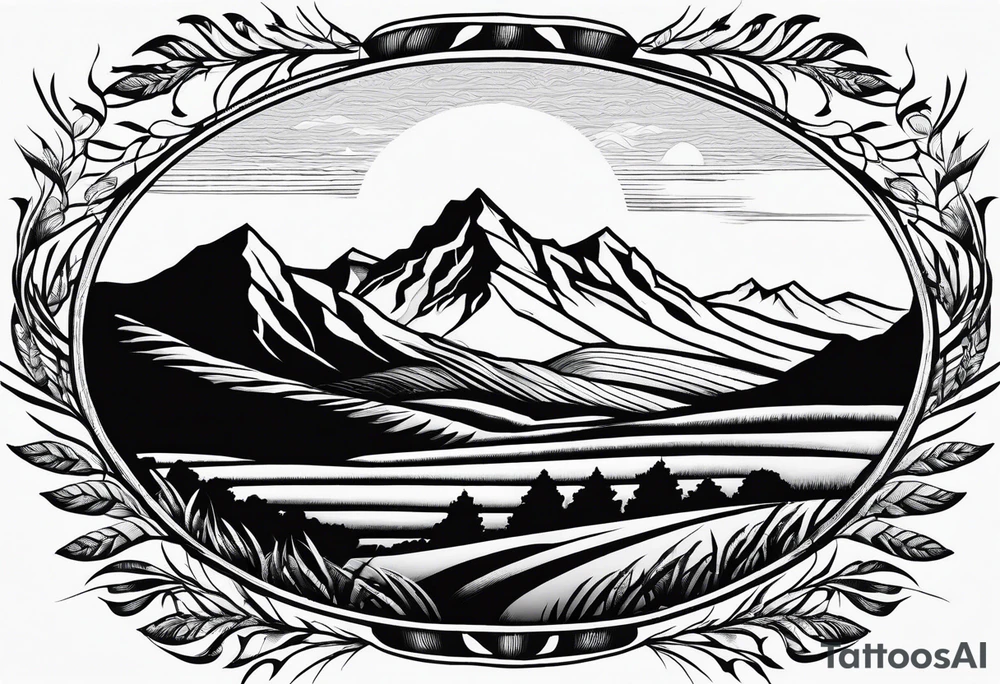 negative blackwork with mountains, hills and wheat field at bottom tattoo idea